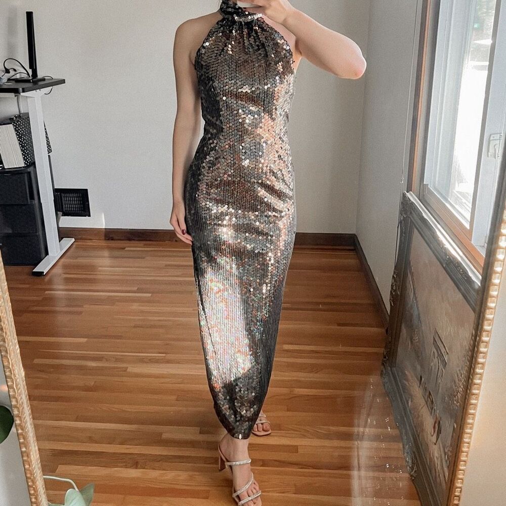 Adrianna Papell Evening Halter Neck Sequin Dress Size 4